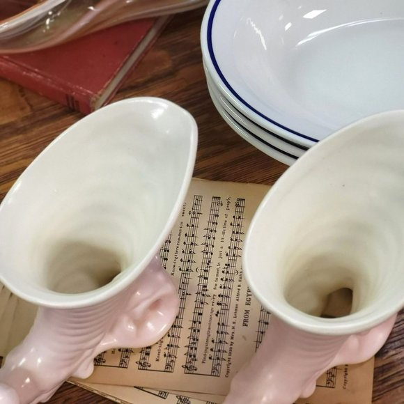 Cornucopia Ceramic Vase/Planter Pink and White set of 2 - Picture 4 of 12